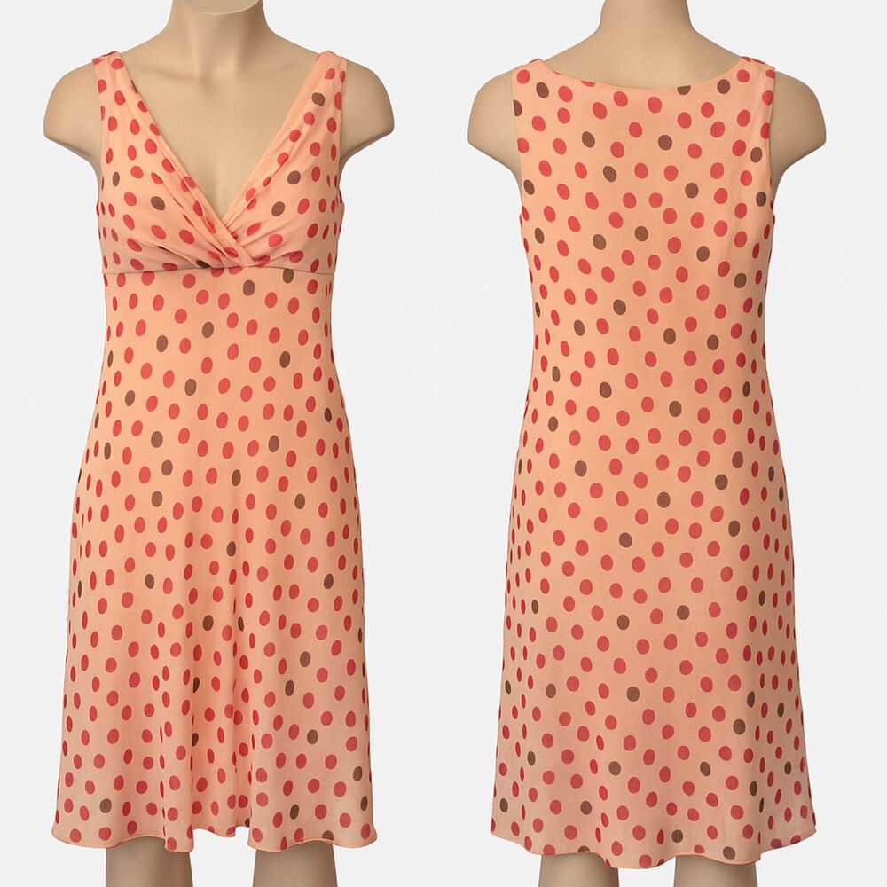 AGB Punk And Brown Chiffon Polka Dot Dress See Measurements Apx Sz 8-10 Med